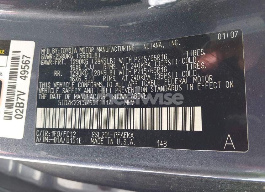 Photo 9 of 2007 Toyota Sienna LE (VIN 5TDZK23C57S011117)