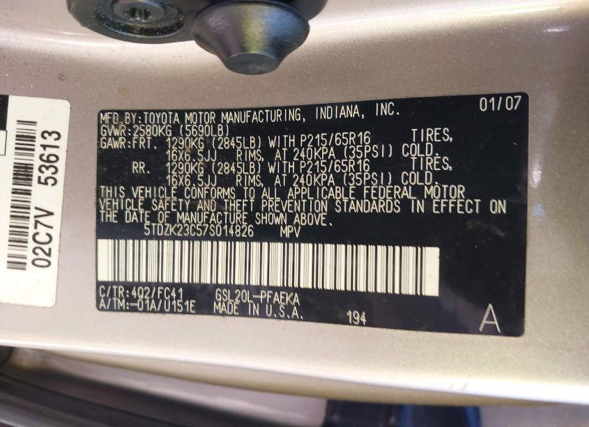 Photo 9 of 2007 Toyota Sienna LE (VIN 5TDZK23C57S014826)