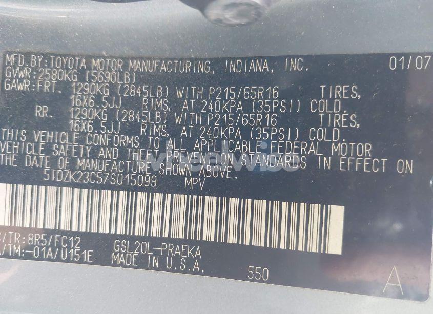 Photo 9 of 2007 Toyota Sienna LE (VIN 5TDZK23C57S015099)