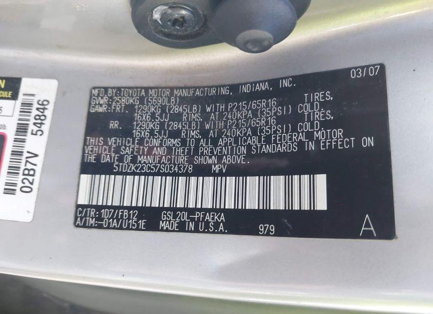Photo 9 of 2007 Toyota Sienna CE (VIN 5TDZK23C57S034378)