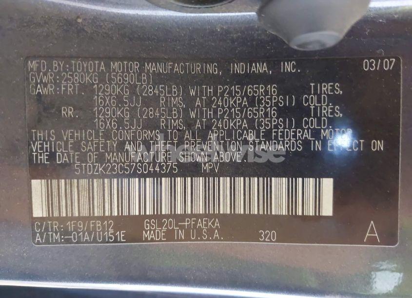 Photo 9 of 2007 Toyota Sienna CE/LE (VIN 5TDZK23C57S044375)