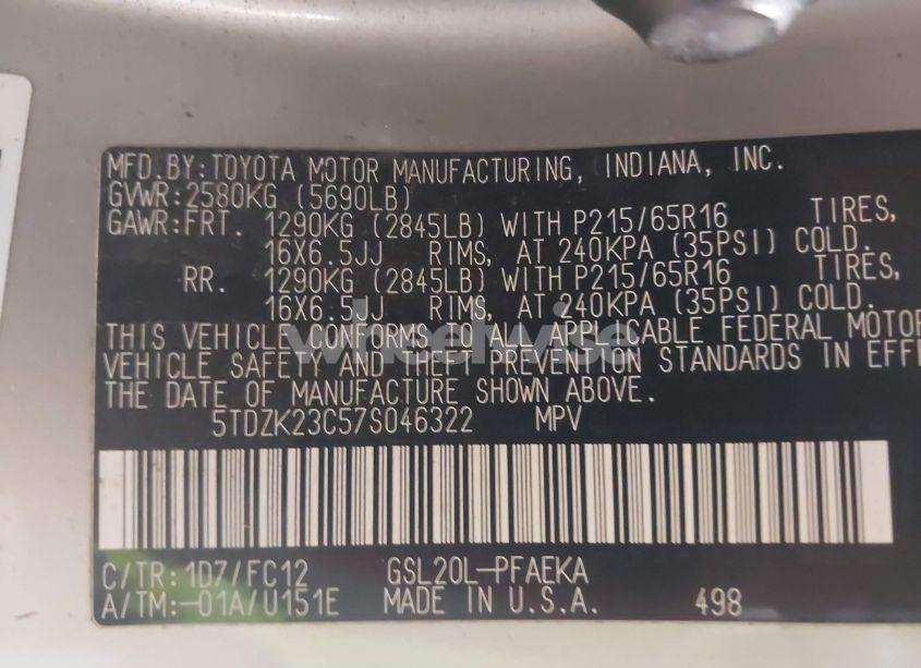 Photo 9 of 2007 Toyota Sienna LE (VIN 5TDZK23C57S046322)