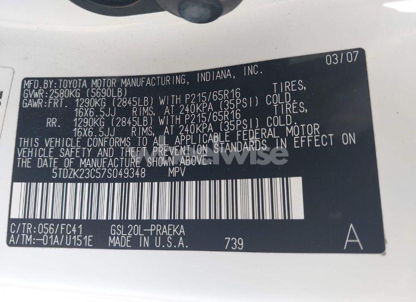 Photo 9 of 2007 Toyota Sienna LE (VIN 5TDZK23C57S049348)