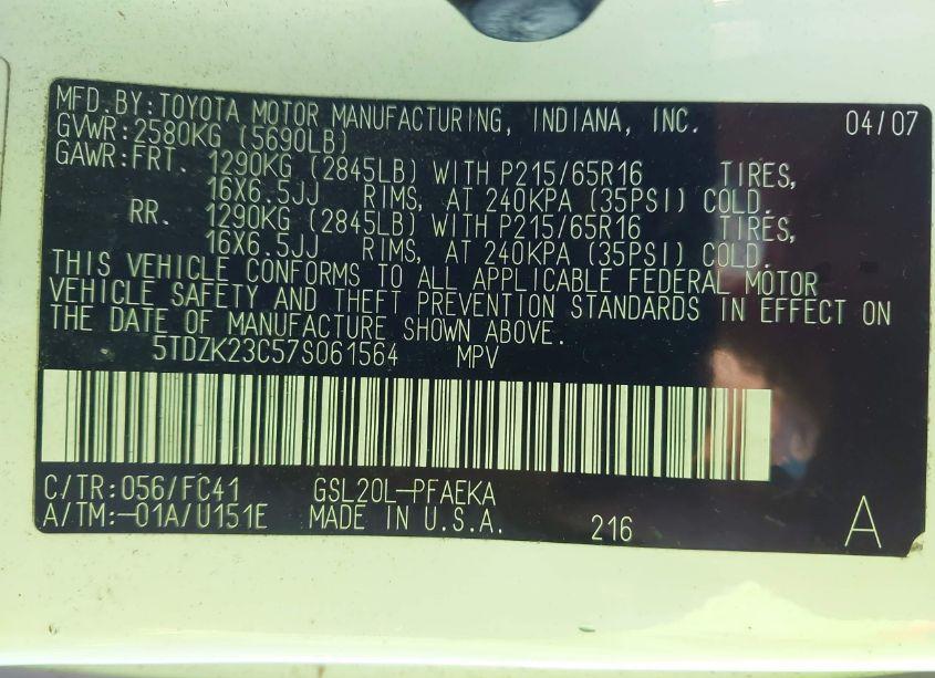 Photo 9 of 2007 Toyota Sienna LE (VIN 5TDZK23C57S061564)