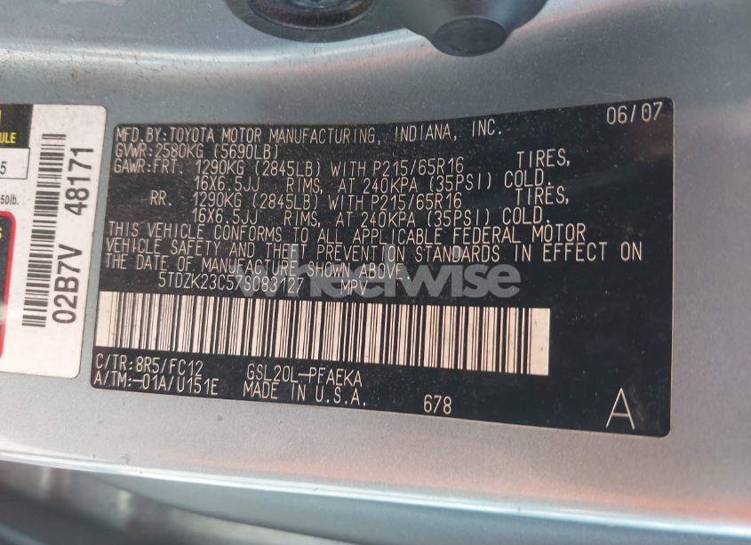 Photo 9 of 2007 Toyota Sienna LE (VIN 5TDZK23C57S083127)