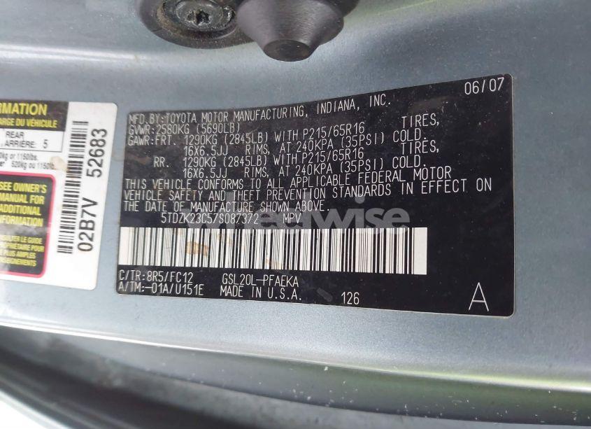 Photo 9 of 2007 Toyota Sienna LE (VIN 5TDZK23C57S087372)