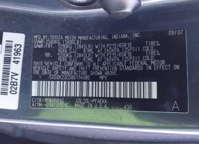 Photo 9 of 2008 Toyota Sienna LE (VIN 5TDZK23C58S114085)