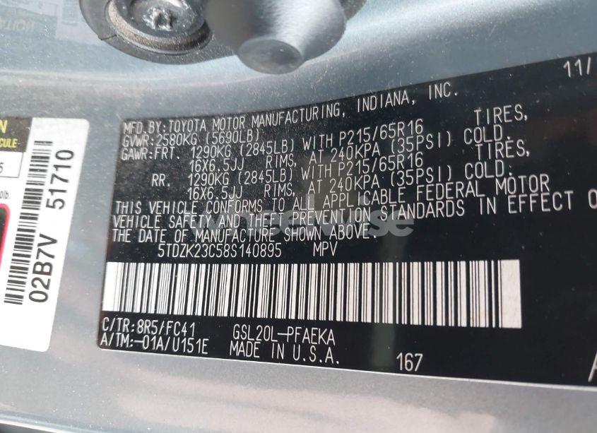 Photo 9 of 2008 Toyota Sienna LE (VIN 5TDZK23C58S140895)