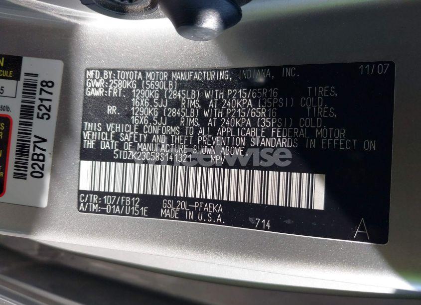 Photo 9 of 2008 Toyota Sienna CE (VIN 5TDZK23C58S141321)