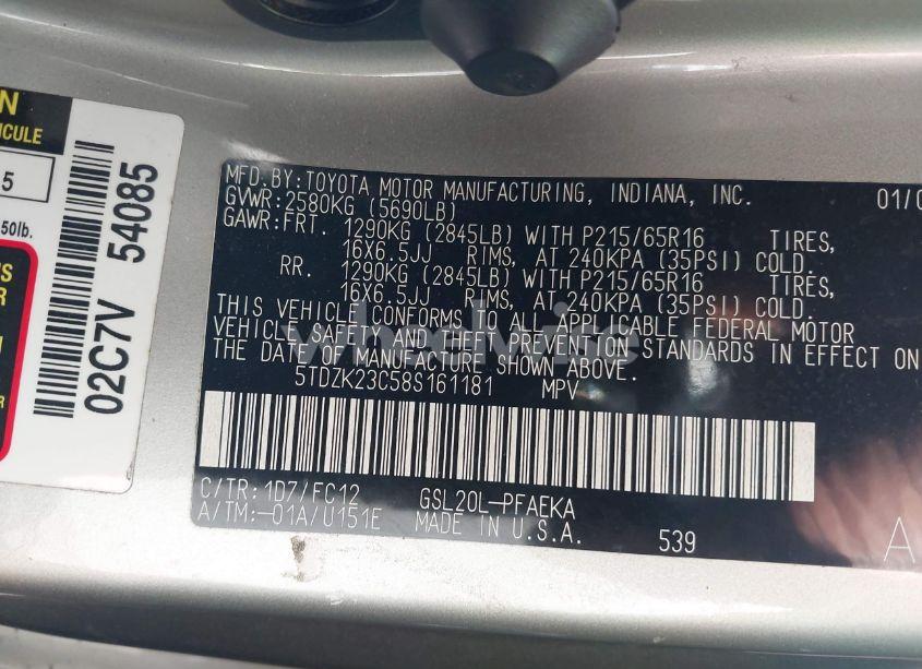 Photo 9 of 2008 Toyota Sienna LE (VIN 5TDZK23C58S161181)