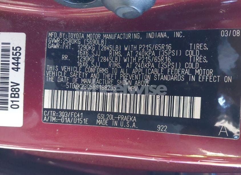 Photo 9 of 2008 Toyota Sienna LE (VIN 5TDZK23C58S188235)