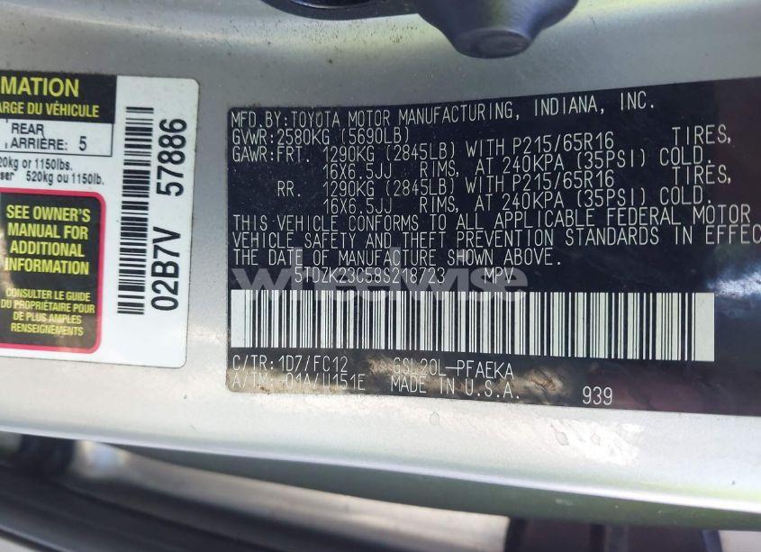 Photo 9 of 2008 Toyota Sienna LE (VIN 5TDZK23C58S218723)