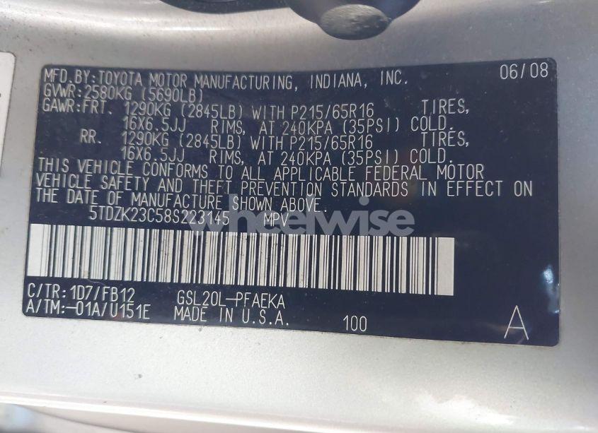 Photo 9 of 2008 Toyota Sienna CE (VIN 5TDZK23C58S223145)