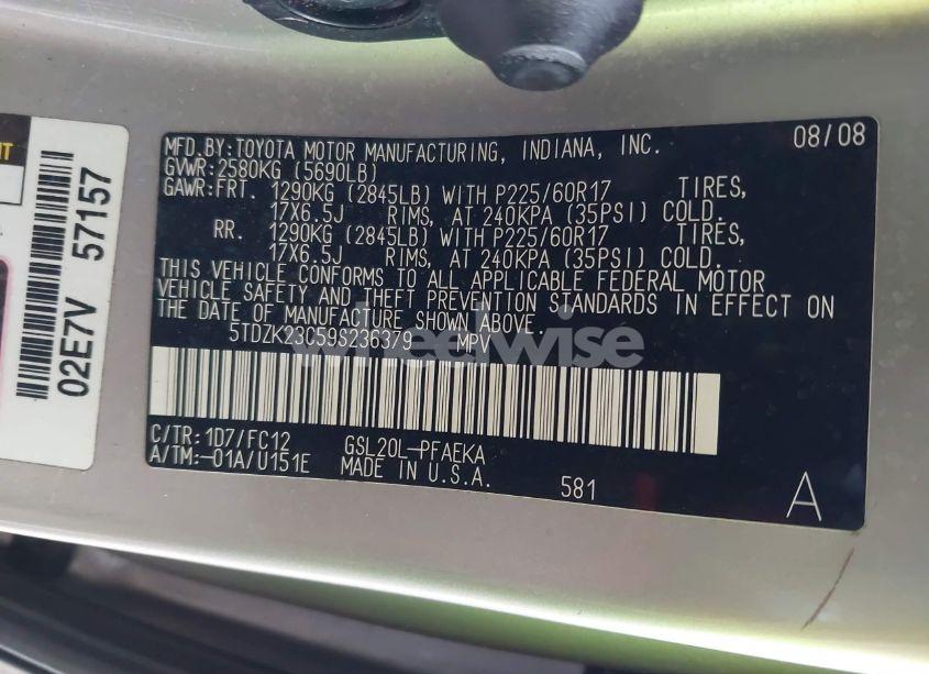 Photo 9 of 2009 Toyota Sienna LE (VIN 5TDZK23C59S236379)