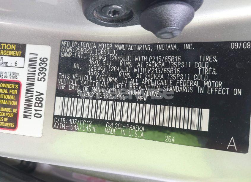 Photo 9 of 2009 Toyota Sienna LE (VIN 5TDZK23C59S251996)