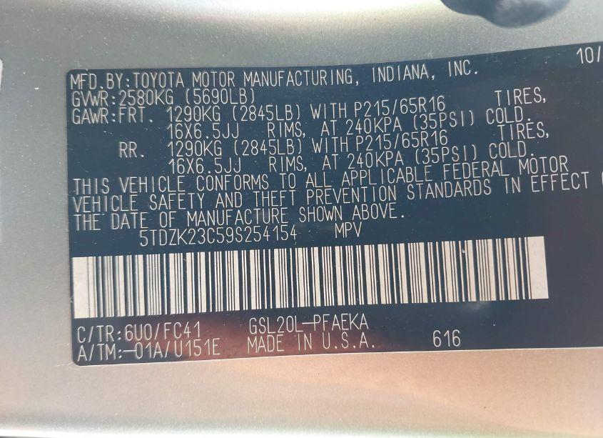 Photo 9 of 2009 Toyota Sienna LE (VIN 5TDZK23C59S254154)