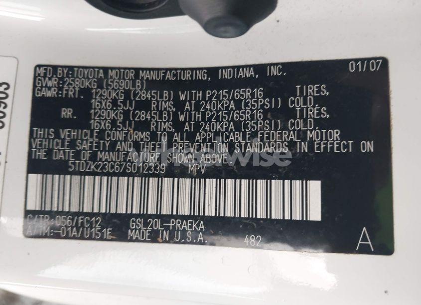 Photo 9 of 2007 Toyota Sienna LE (VIN 5TDZK23C67S012339)