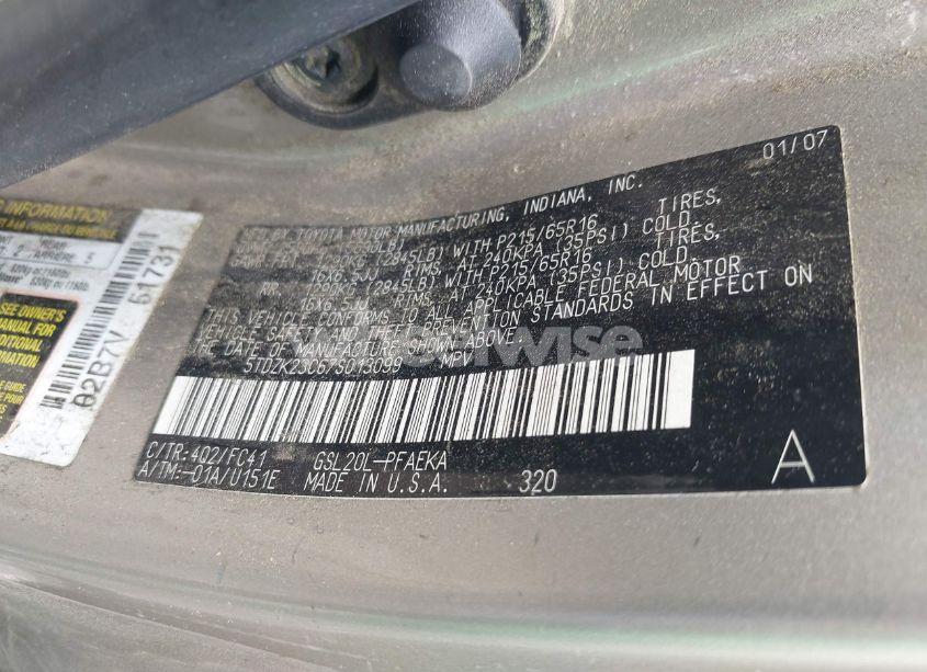 Photo 9 of 2007 Toyota Sienna LE (VIN 5TDZK23C67S013099)