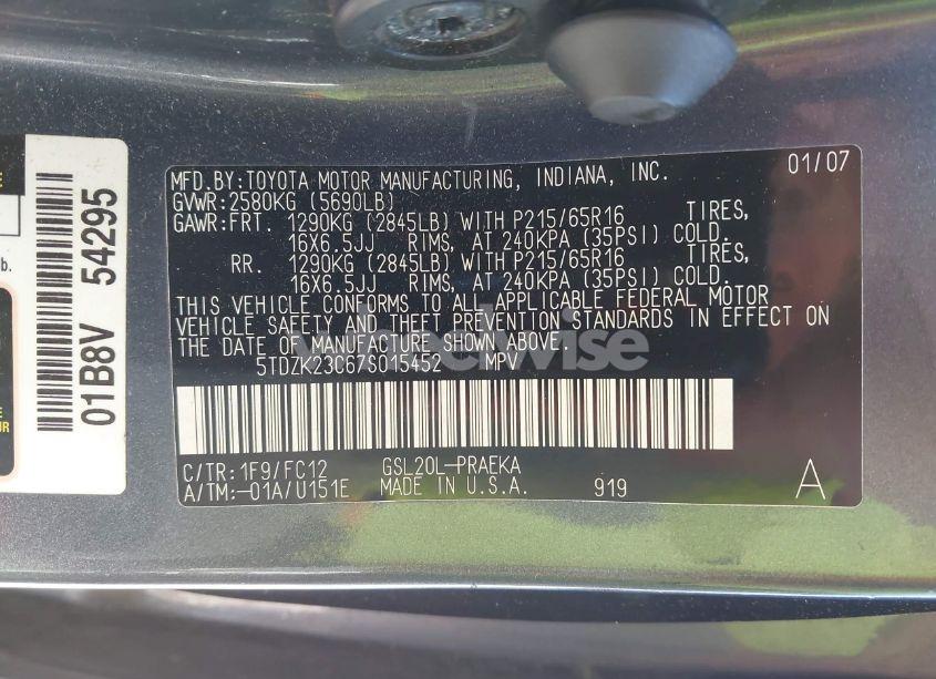 Photo 9 of 2007 Toyota Sienna LE (VIN 5TDZK23C67S015452)