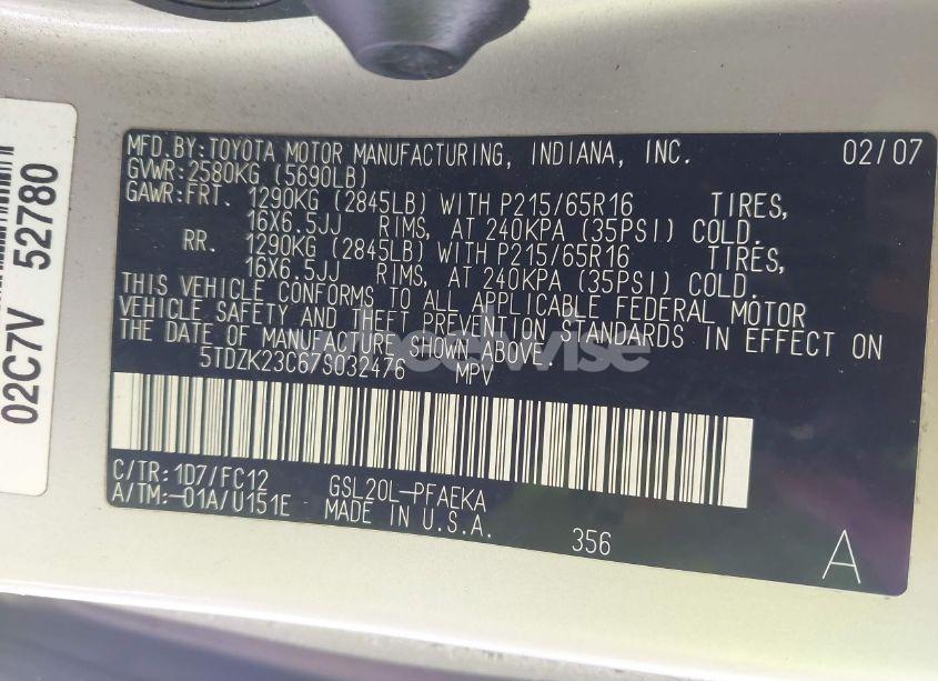 Photo 9 of 2007 Toyota Sienna LE (VIN 5TDZK23C67S032476)