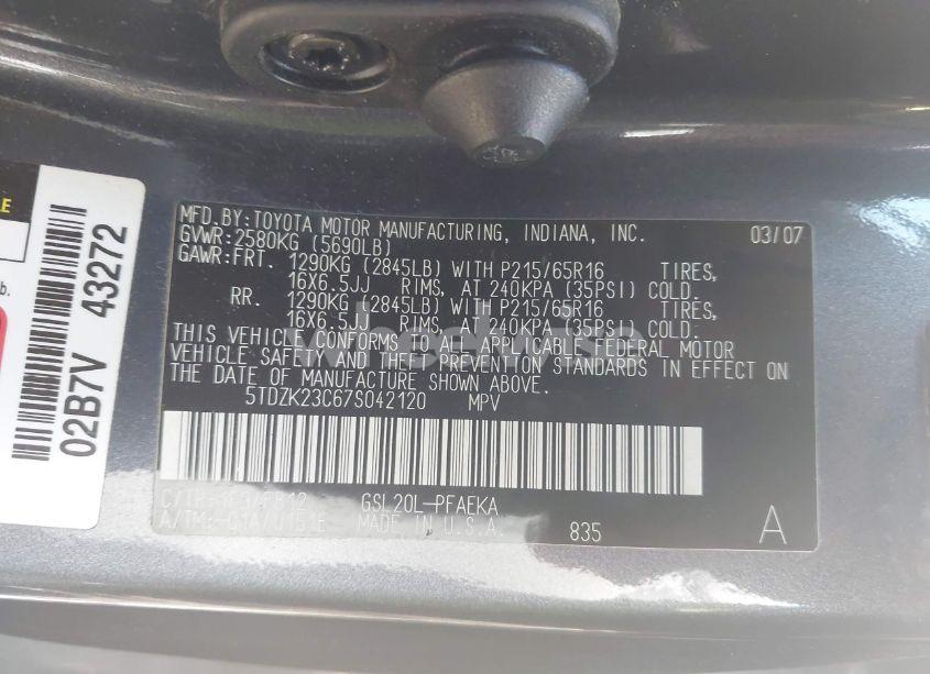 Photo 9 of 2007 Toyota Sienna CE (VIN 5TDZK23C67S042120)