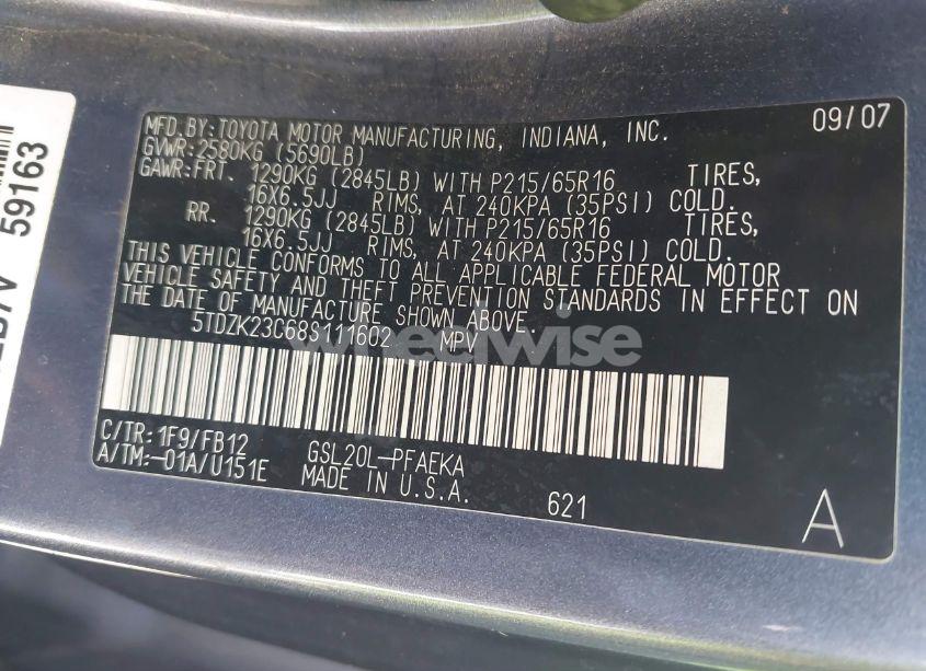 Photo 9 of 2008 Toyota Sienna CE (VIN 5TDZK23C68S111602)