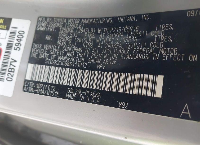 Photo 9 of 2008 Toyota Sienna LE (VIN 5TDZK23C68S111812)