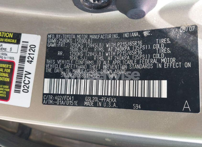 Photo 9 of 2008 Toyota Sienna LE (VIN 5TDZK23C68S114225)
