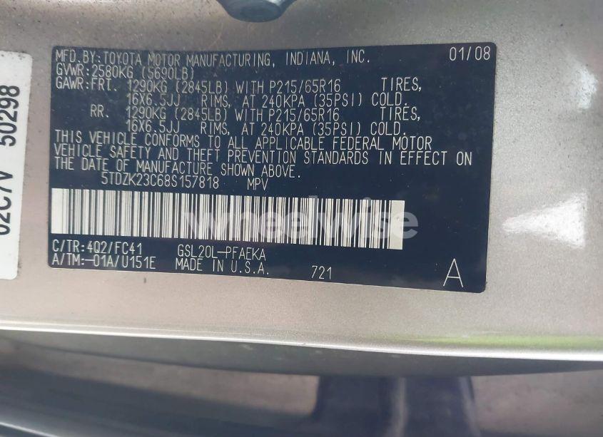 Photo 9 of 2008 Toyota Sienna LE (VIN 5TDZK23C68S157818)