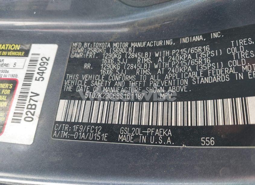 Photo 9 of 2008 Toyota Sienna LE (VIN 5TDZK23C68S161187)