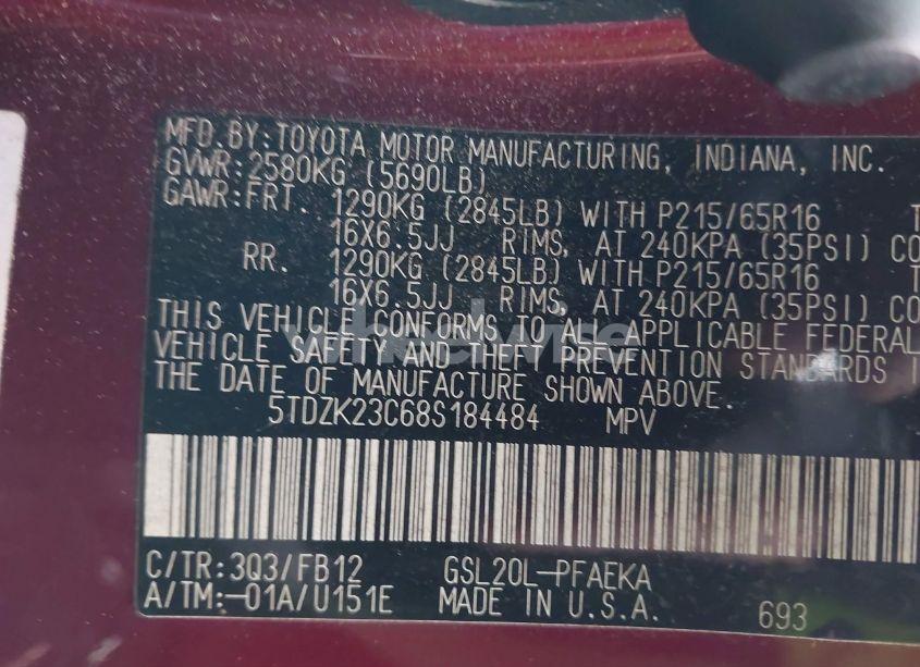 Photo 9 of 2008 Toyota Sienna CE (VIN 5TDZK23C68S184484)