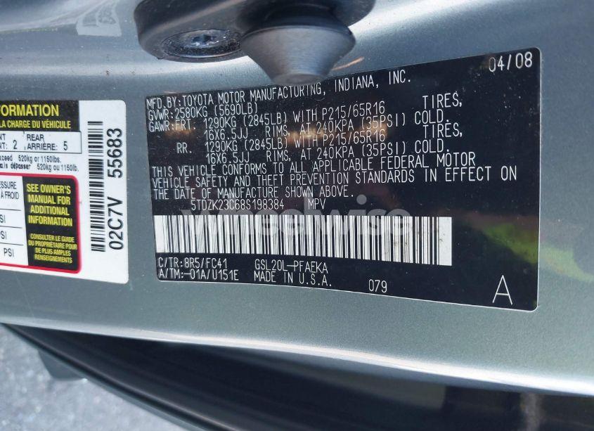 Photo 9 of 2008 Toyota Sienna LE (VIN 5TDZK23C68S198384)