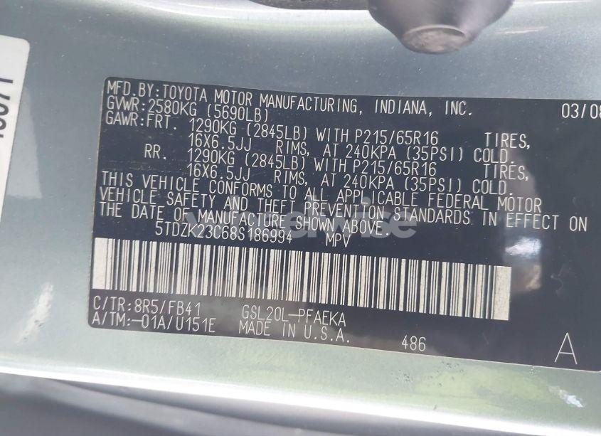 Photo 9 of 2008 Toyota Sienna CE/LE (VIN 5TDZK23C68SI86994)