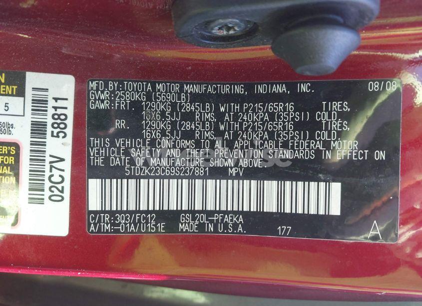 Photo 9 of 2009 Toyota Sienna LE (VIN 5TDZK23C69S237881)