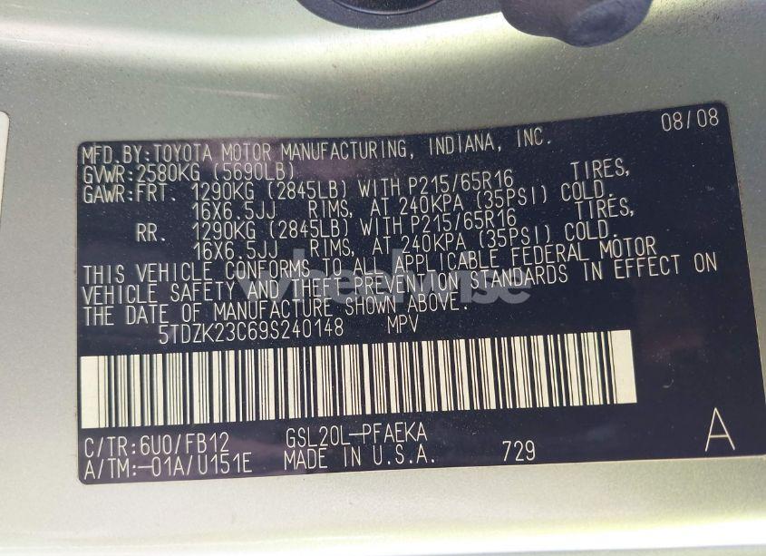 Photo 9 of 2009 Toyota Sienna CE (VIN 5TDZK23C69S240148)