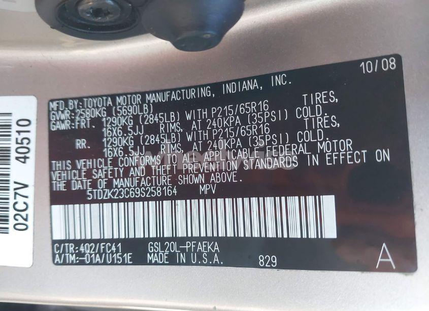 Photo 9 of 2009 Toyota Sienna LE (VIN 5TDZK23C69S258164)