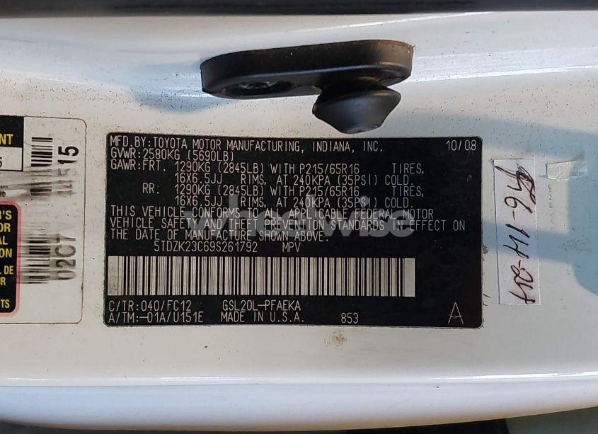 Photo 9 of 2009 Toyota Sienna LE (VIN 5TDZK23C69S261792)