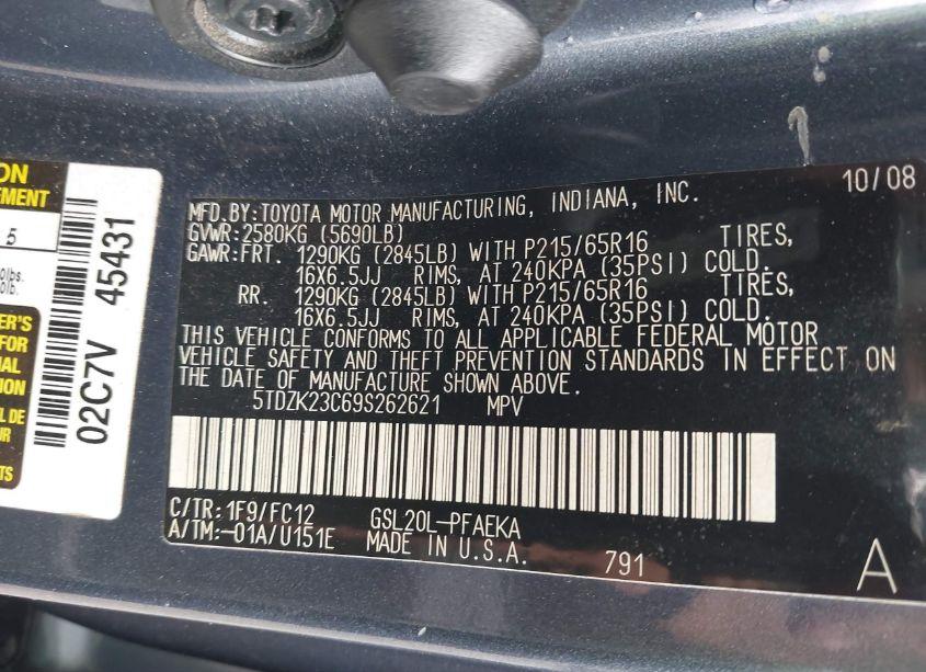 Photo 9 of 2009 Toyota Sienna LE (VIN 5TDZK23C69S262621)