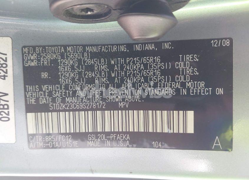 Photo 9 of 2009 Toyota Sienna LE (VIN 5TDZK23C69S278172)