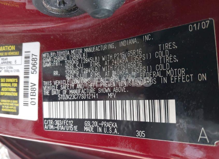 Photo 9 of 2007 Toyota Sienna LE (VIN 5TDZK23C77S012141)