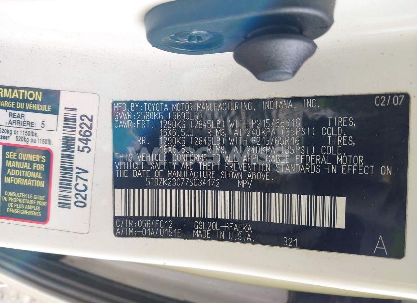 Photo 9 of 2007 Toyota Sienna LE (VIN 5TDZK23C77S034172)