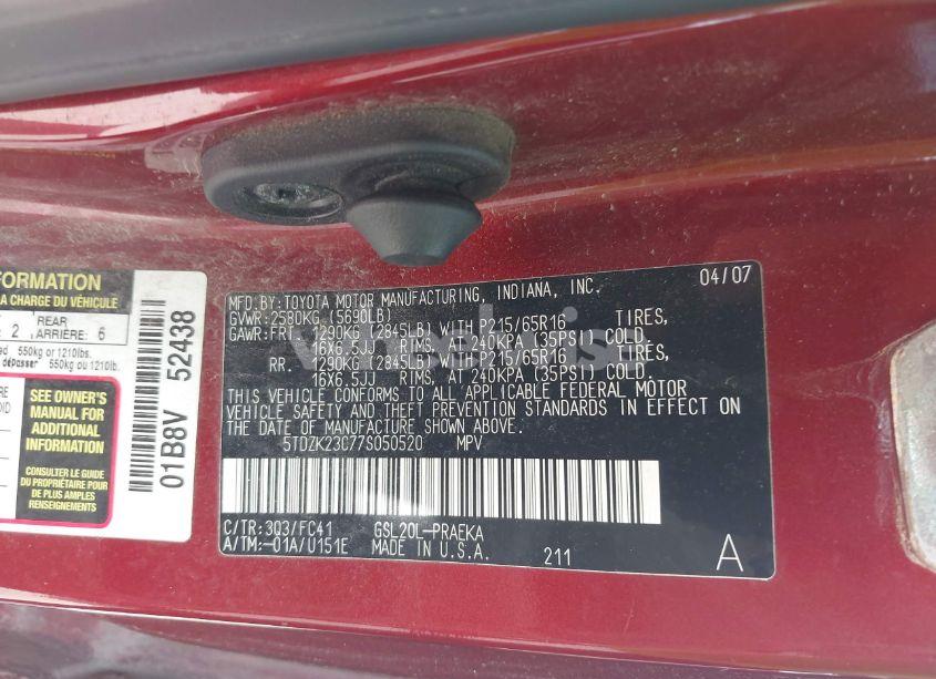 Photo 9 of 2007 Toyota Sienna LE (VIN 5TDZK23C77S050520)