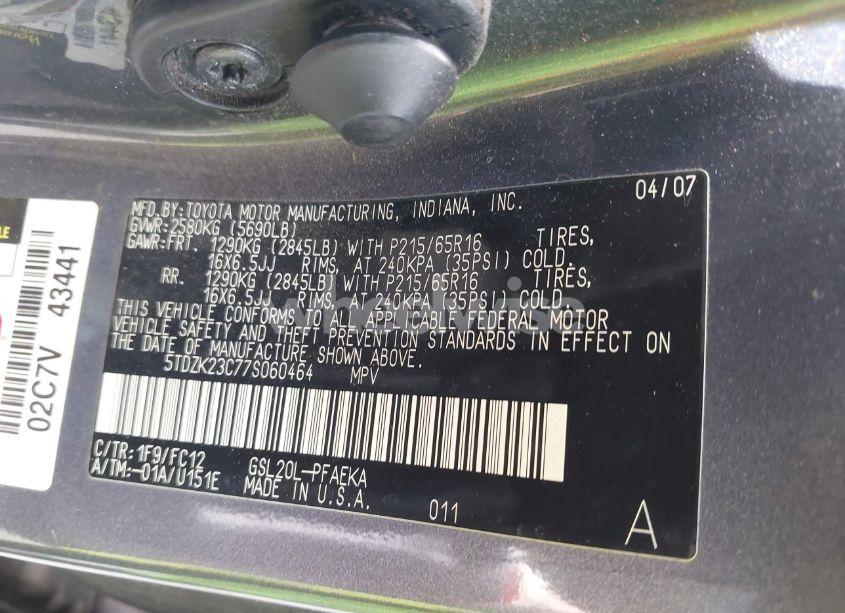 Photo 9 of 2007 Toyota Sienna CE/LE (VIN 5TDZK23C77S060464)