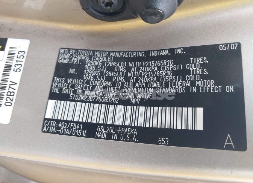 Photo 9 of 2007 Toyota Sienna CE/LE (VIN 5TDZK23C77S069262)