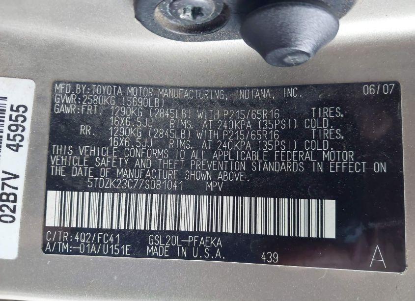 Photo 9 of 2007 Toyota Sienna LE (VIN 5TDZK23C77S081041)