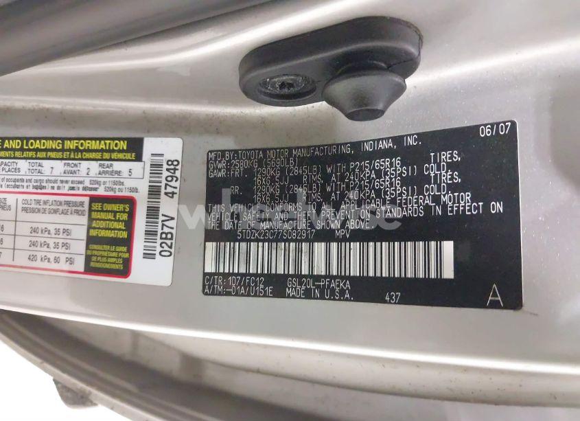 Photo 9 of 2007 Toyota Sienna LE (VIN 5TDZK23C77S082917)