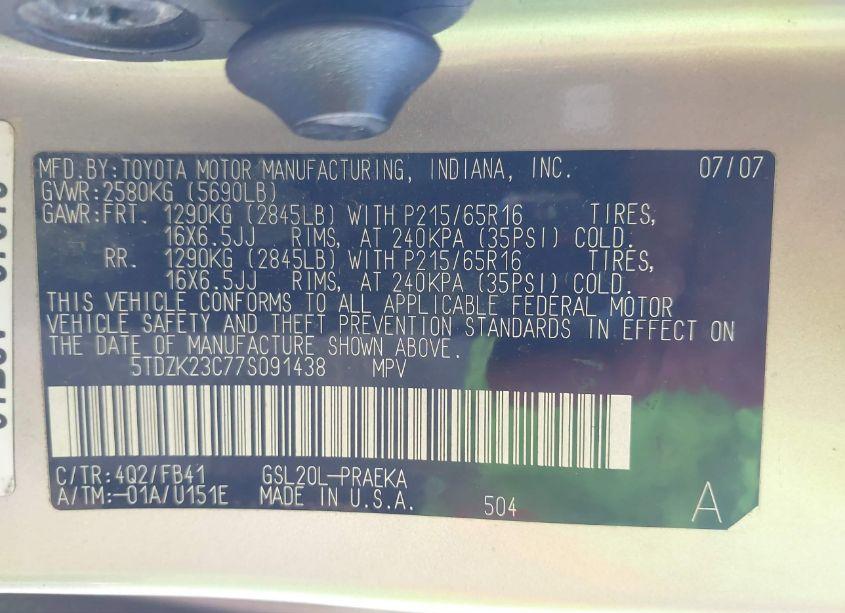 Photo 9 of 2007 Toyota Sienna CE (VIN 5TDZK23C77S091438)