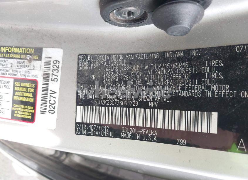 Photo 9 of 2007 Toyota Sienna LE (VIN 5TDZK23C77S091729)