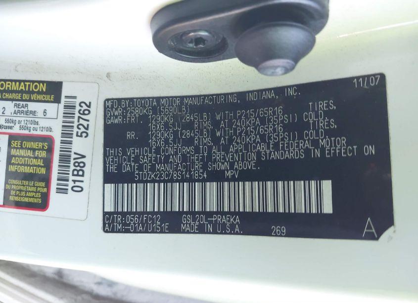 Photo 9 of 2008 Toyota Sienna LE (VIN 5TDZK23C78S141854)