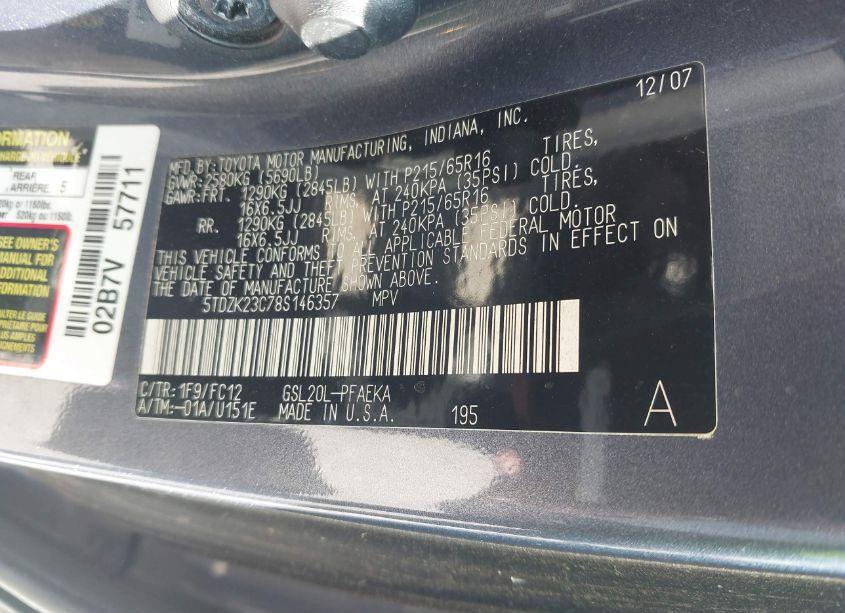 Photo 9 of 2008 Toyota Sienna LE (VIN 5TDZK23C78S146357)